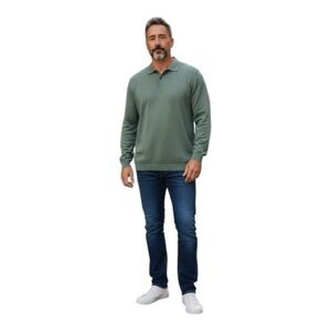 BRANDINI Men’s L Extra Fine Merino Wool Green Quarter Button Pullover Sweater